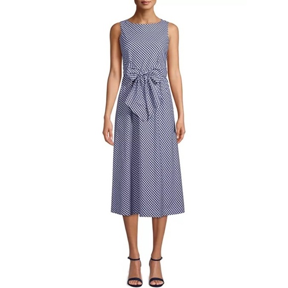 Ann Klein Mini‎ Check Print Midi Dress Blue White Size Large - Picture 1 of 12